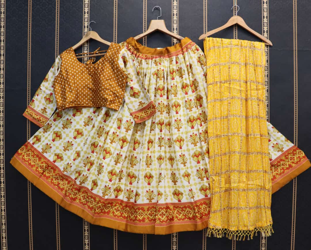 Golden Yellow Pure Chinon Silk  With Digital Print Fully Stiched Navratri Lehenga