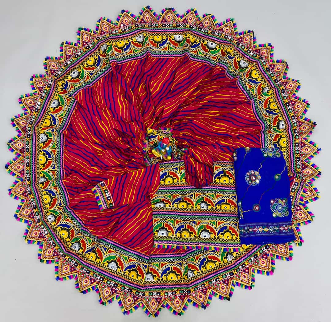 Red Pure Cotton lehriya Print and Real Mirror Work Stitched Navratri Lehenga Choli