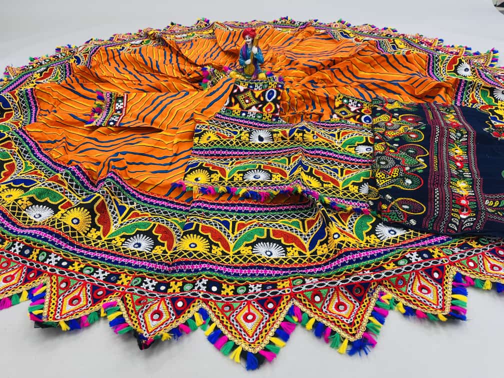 Orange Pure Cotton lehriya Print and Real Mirror Work Stitched Navratri Lehenga Choli