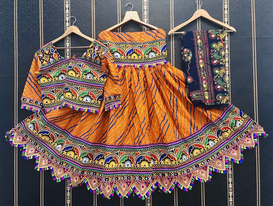 Orange Pure Cotton lehriya Print and Real Mirror Work Stitched Navratri Lehenga Choli