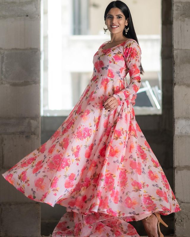 Beautiful Pink Floral Print Pair In Anarkali And Pent Pair With