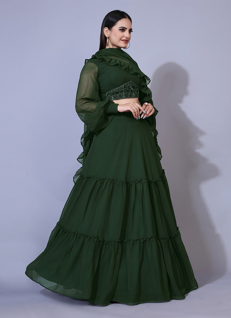 Dark Green Solid Colored With Handwork Georgette Lehenga Choli