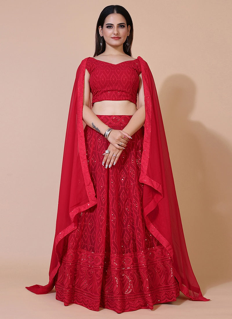 Ruby Red Lucknowi Chikankari Lehenga Set Design by Soniya G at Pernia's Pop  Up Shop 2024