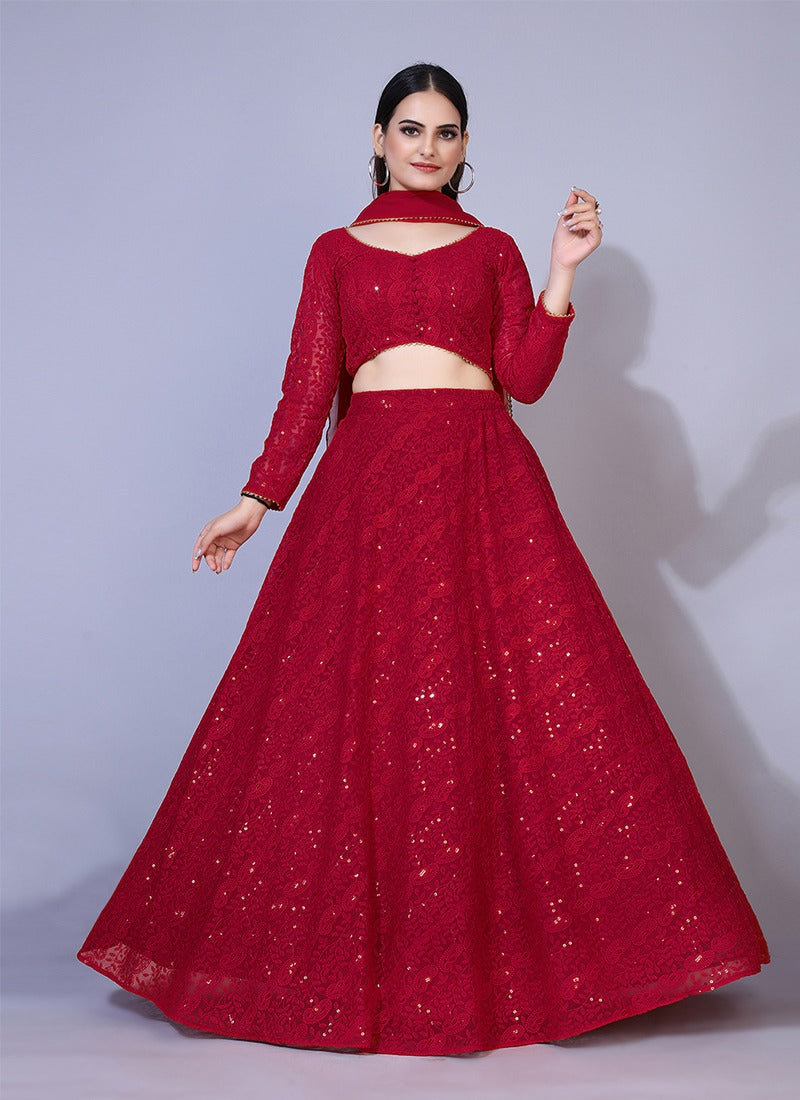 Buy Red Lucknowi Chikankari Embroidery Square Neck Lehenga Set For Women by  Soniya G Online at Aza Fashions.