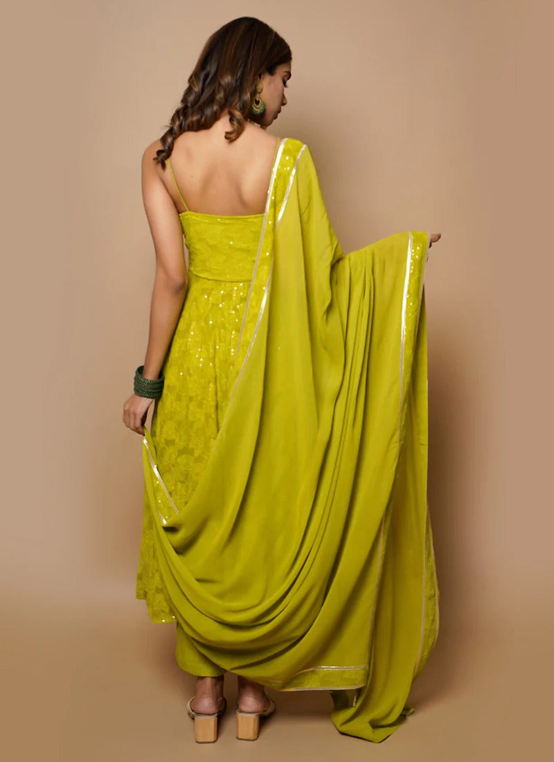 Green Lucknowi Chikankari Work Georgette Anarkali Suit