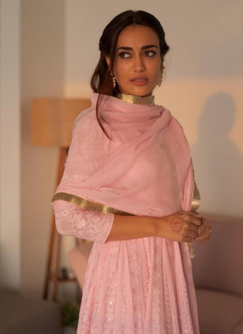 Pink Lucknowi Chikankari Work Georgette Gown