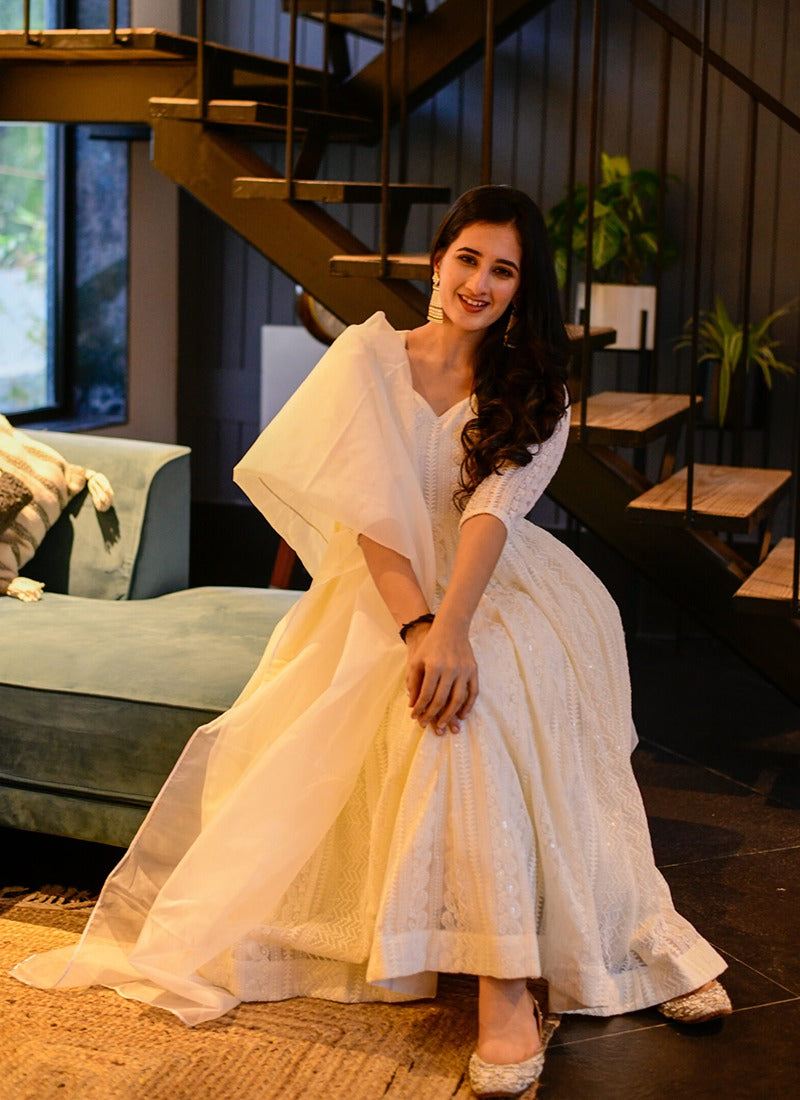 White Lucknowi Chikankari Work Georgette Anarkali Suit