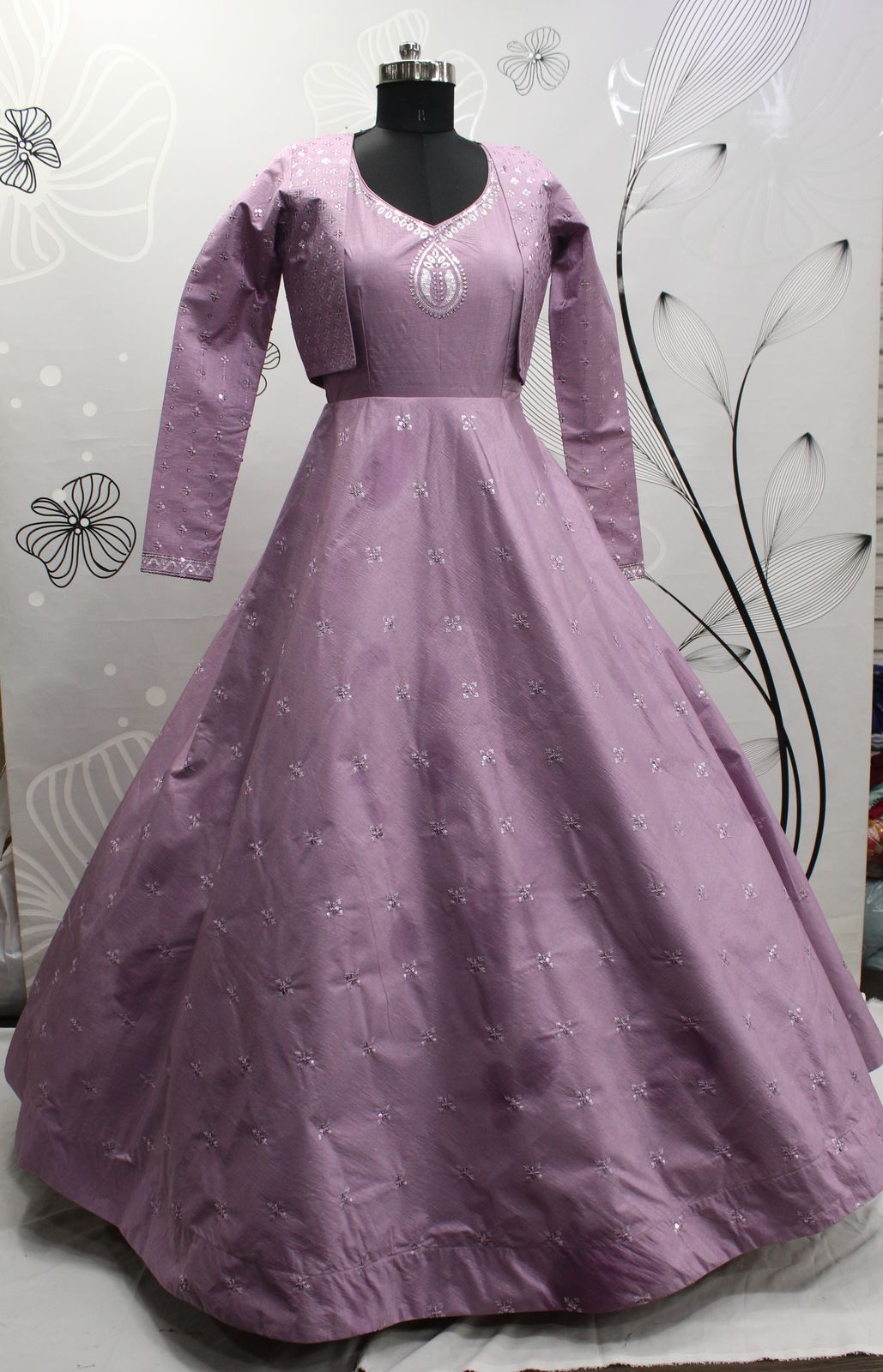 Lavender Sequence Embroidered Pure Cotton Gown With Koti