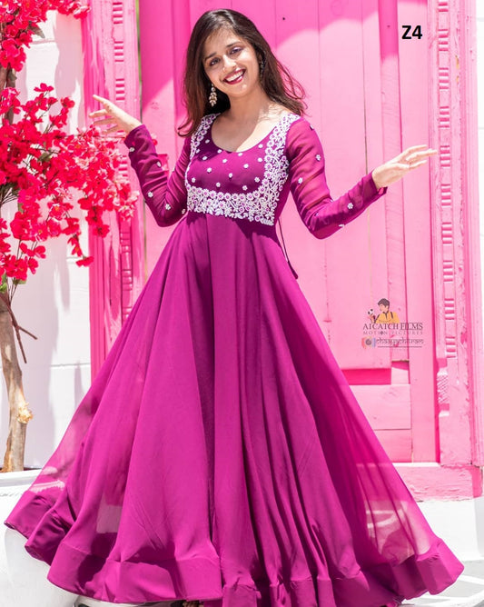 Abordable Purple Colored Embrodeiry Floor Touch Gown