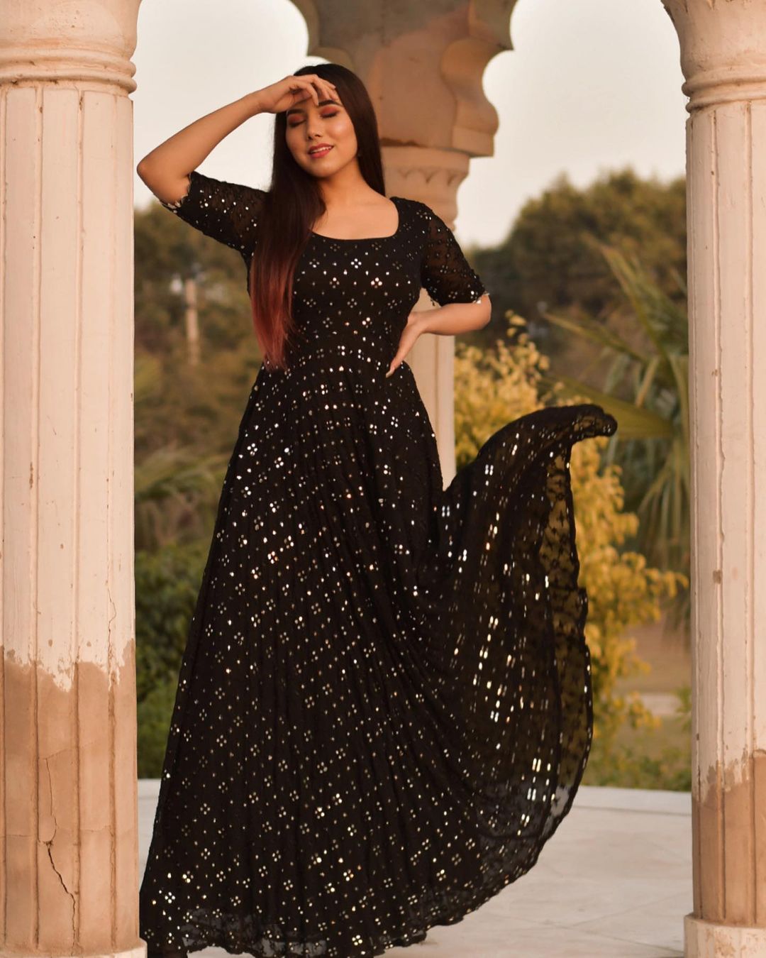 Breathtaking Black Colored Partywear Embroidered Georgette Gown