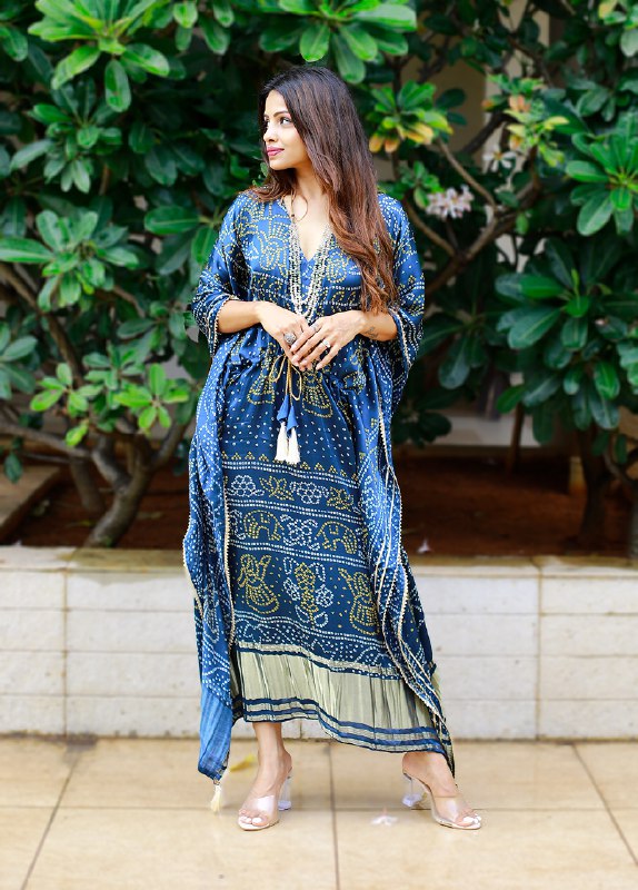 Navy Blue Color Digital Bandhej Printed Pure Gaji Silk Kaftan Gown