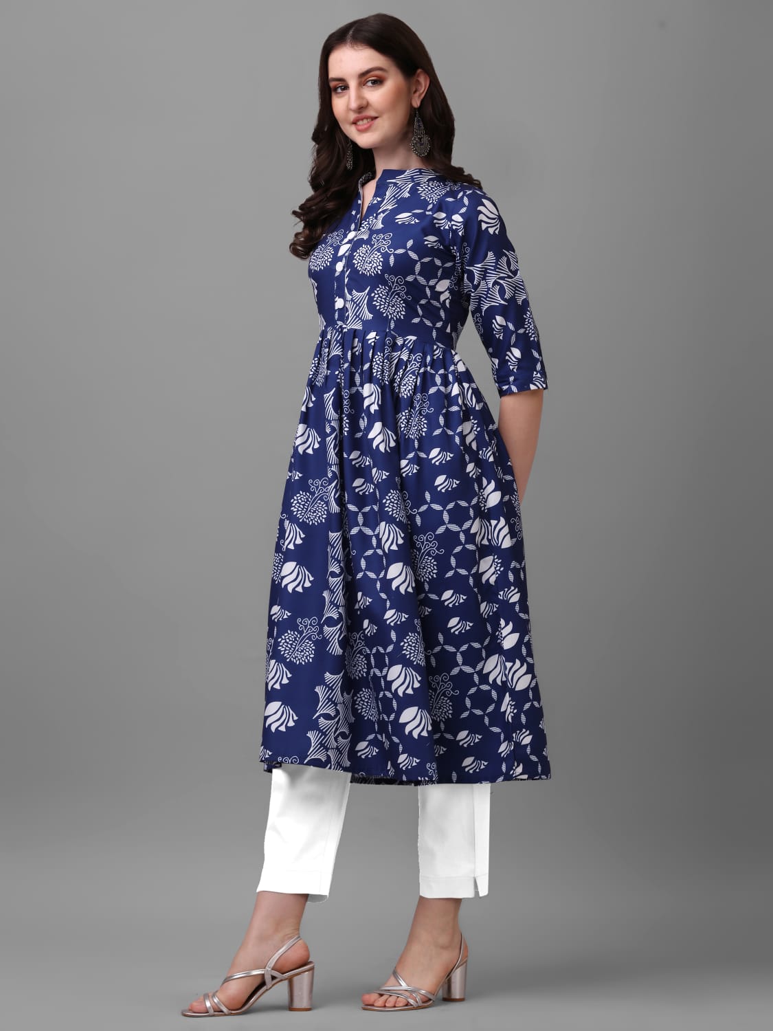 ROYAL BLUE EXCLUSIVE RAYON ABSTRACT PLEATED KURTA WITH PANT
