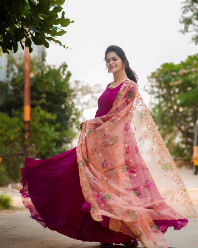 Royal Pink Blooming Georgette Plain Work Gown With Dupatta