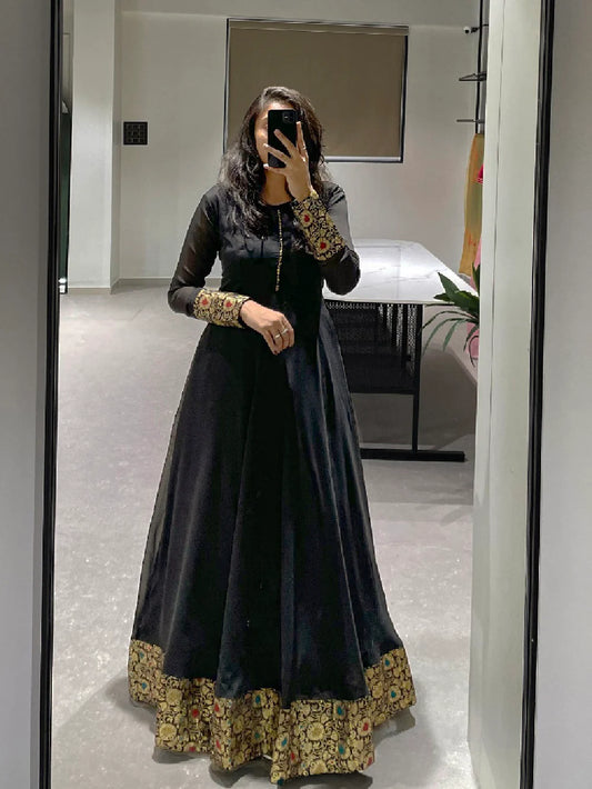 Black Color Weaving Zari Work Rangoli Silk Gown