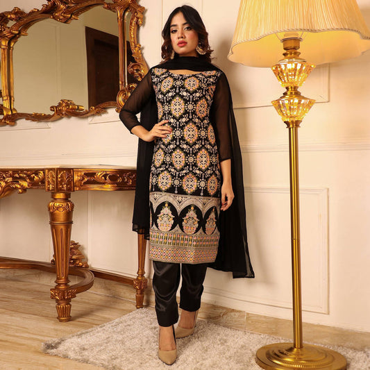 Black Floral Embroidered Georgette Kurti Pant Set With Dupatta