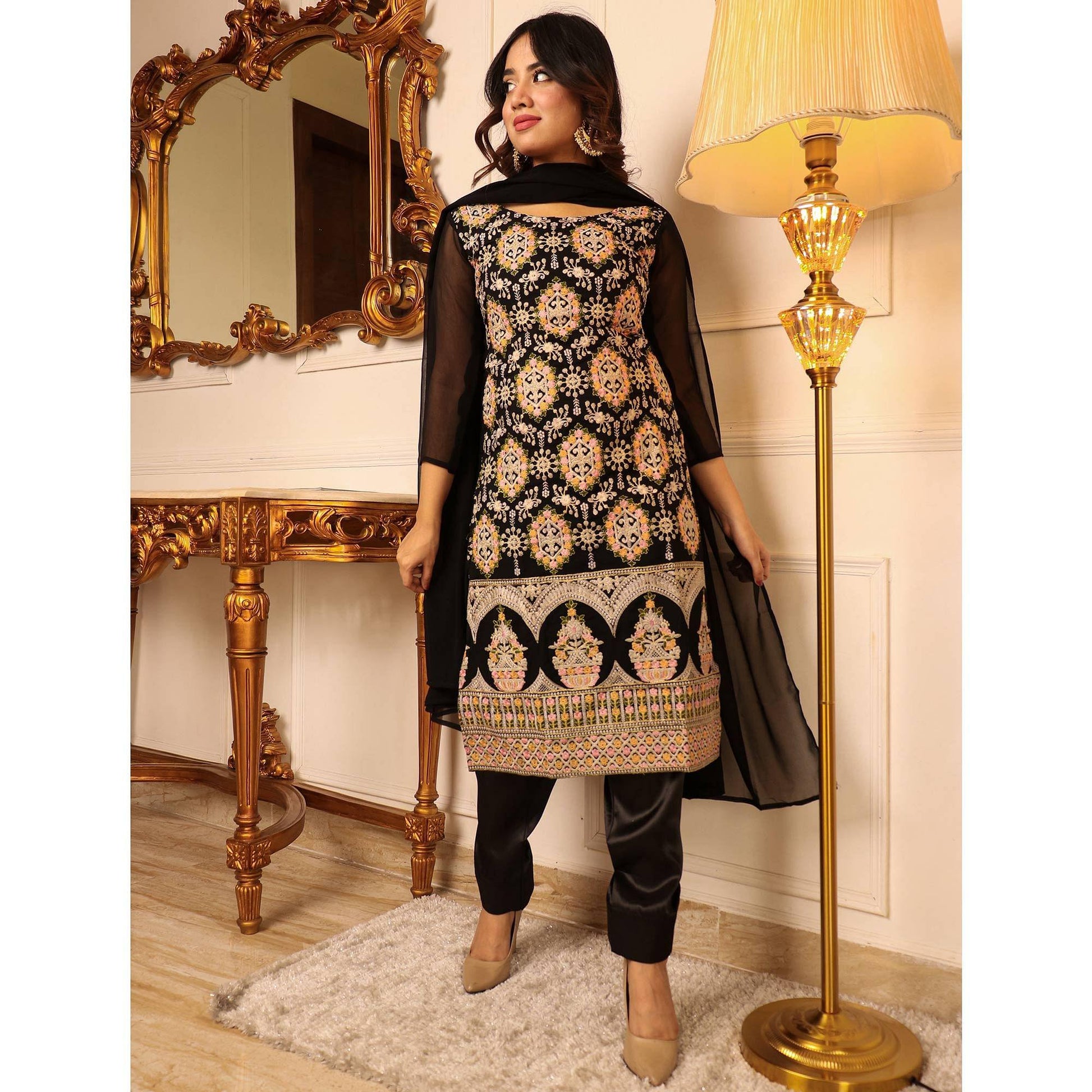Black Floral Embroidered Georgette Kurti Pant Set With Dupatta