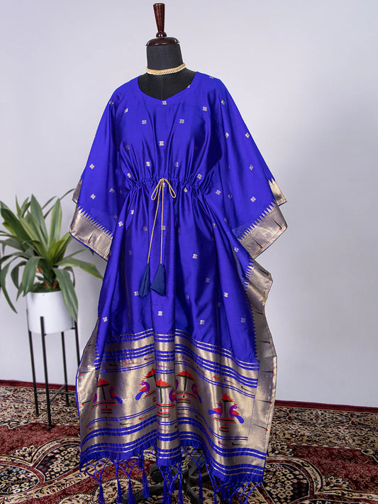 Blue Color Weaving Zari Work Jacquard Paithani Kaftan Dress