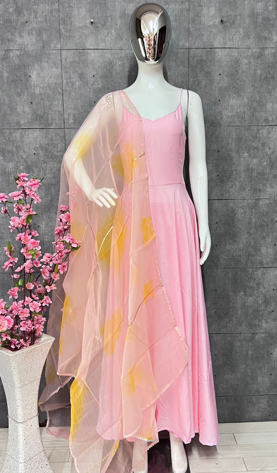 Pink Maska Cotton Silk Anarkali Gown With Shaded Organja Duppta Full Set With Pent Ready To Wear