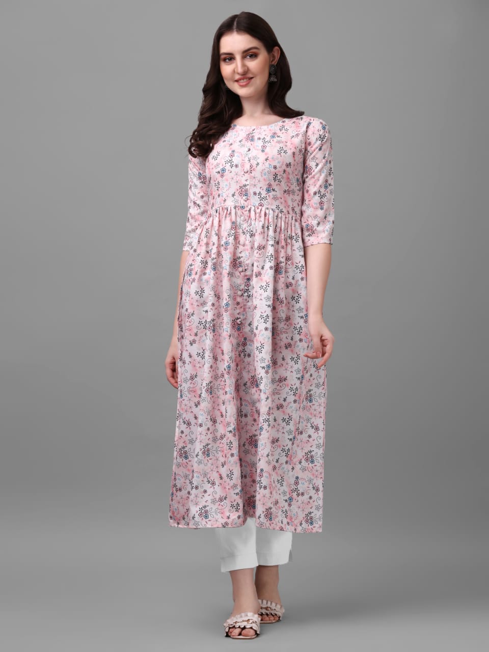 EXCLUSIVE BABY PINK FLORAL PLEATED KURTA WITH PANT