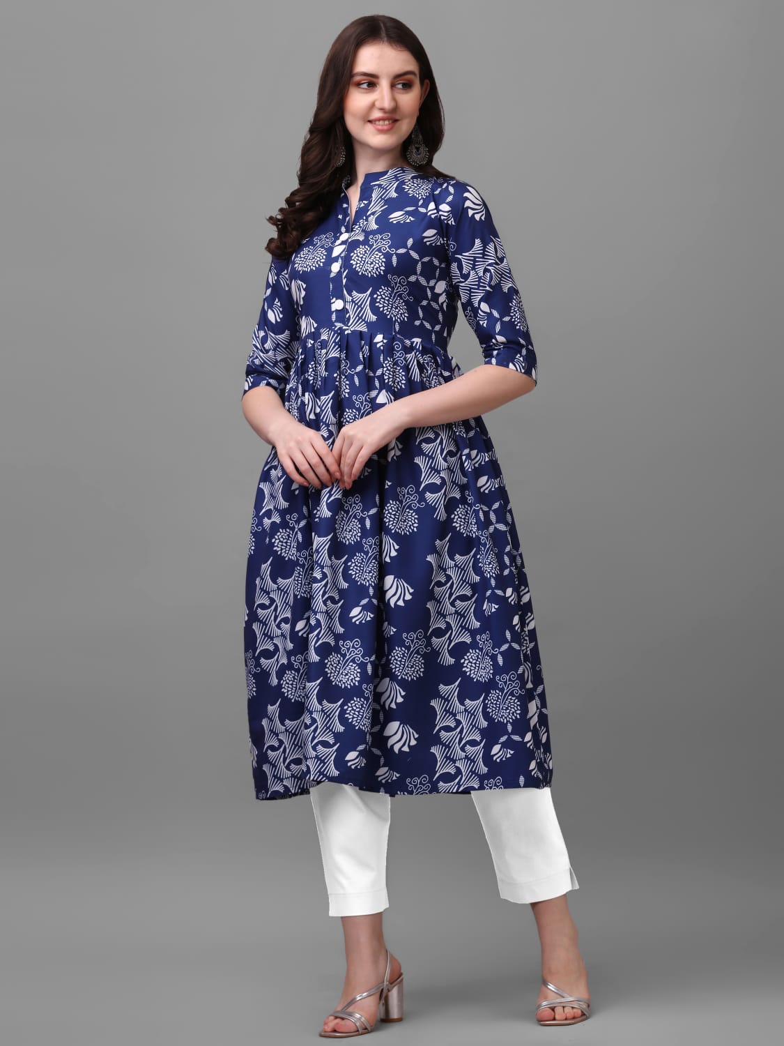 ROYAL BLUE EXCLUSIVE RAYON ABSTRACT PLEATED KURTA WITH PANT