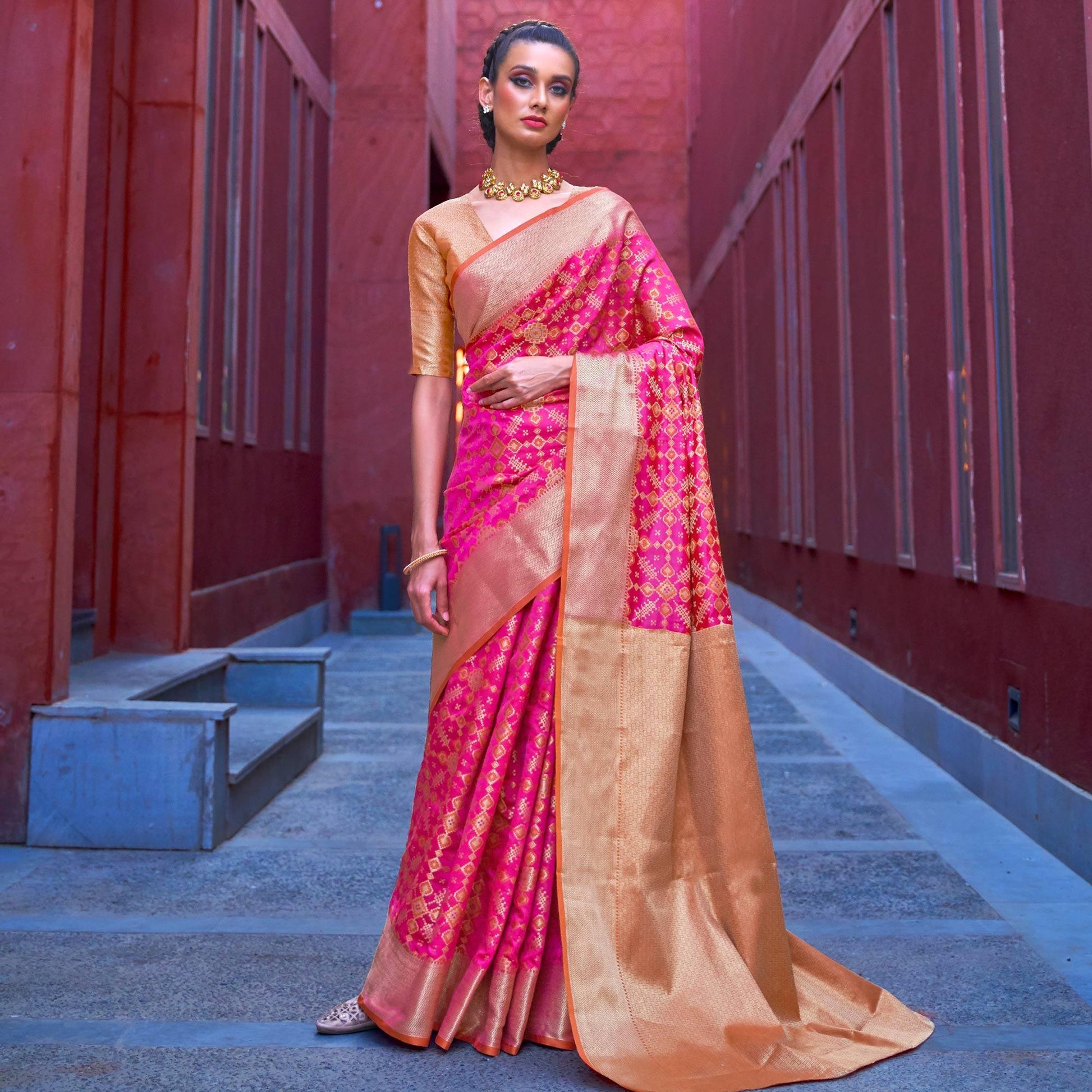 Charming Pink Colored Festive Wear Patola Woven Silk Saree