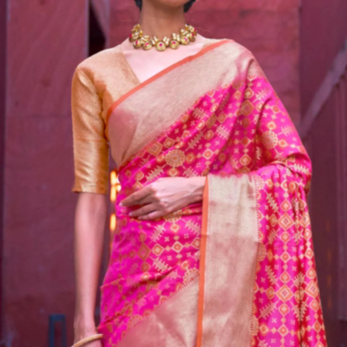 Charming Pink Colored Festive Wear Patola Woven Silk Saree