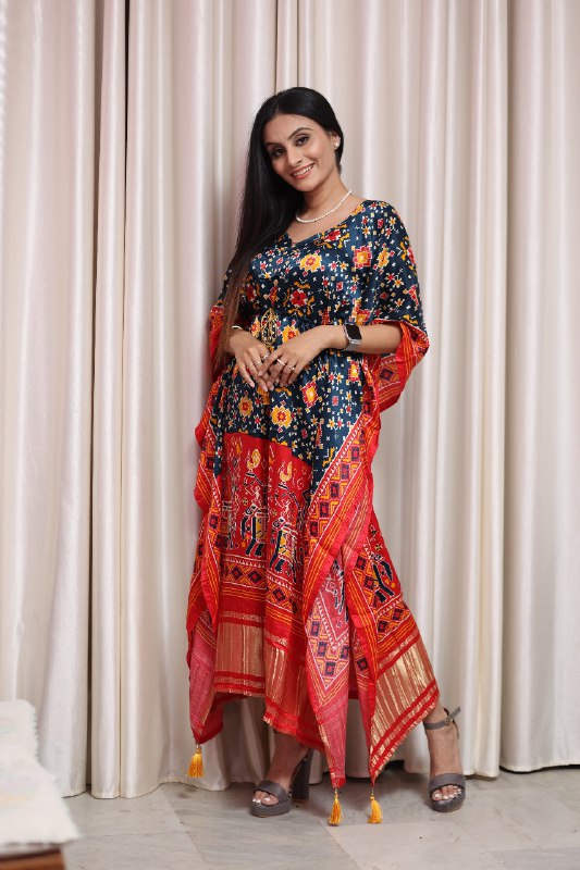 Multi Color Bandhani Printed Pure Gaji Silk Kaftan Gown