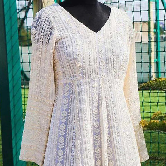 White Lucknowi Chikankari Work Georgette Gown