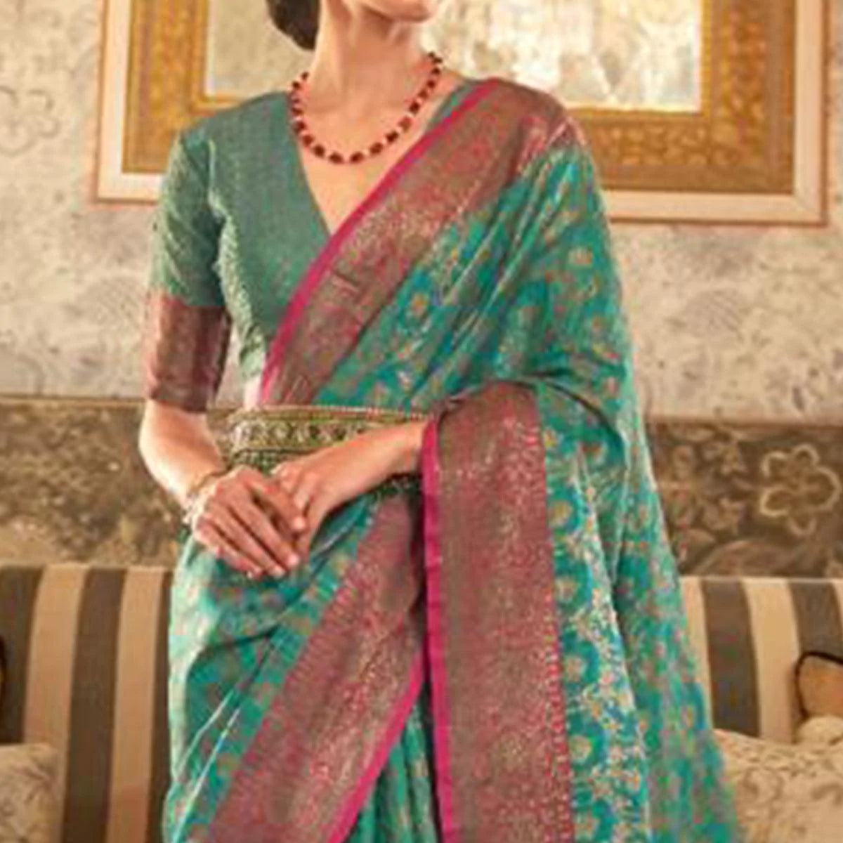 Jade Green Tessar Silk Weaving Saree