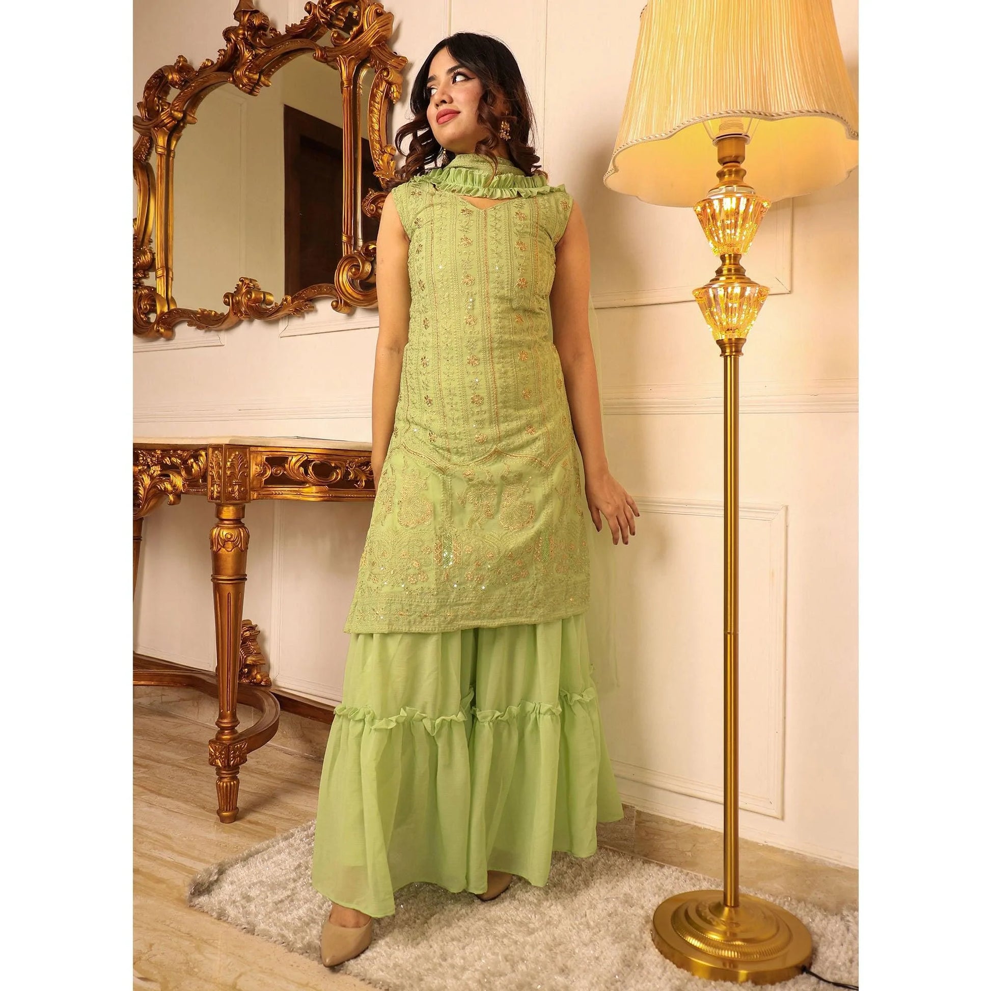 Green Sequins Floral Embroidered Georgette Sharara Suit