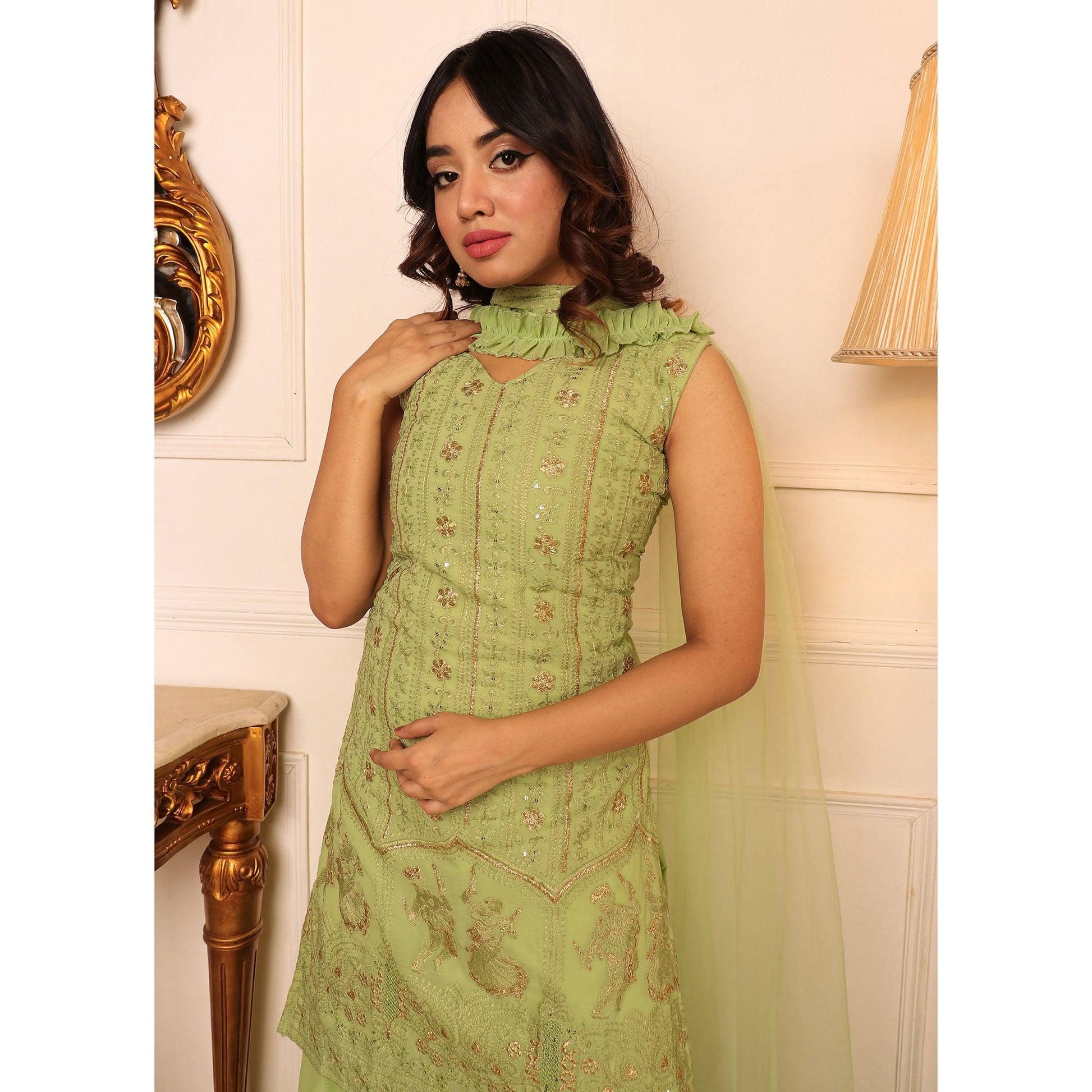 Green Sequins Floral Embroidered Georgette Sharara Suit
