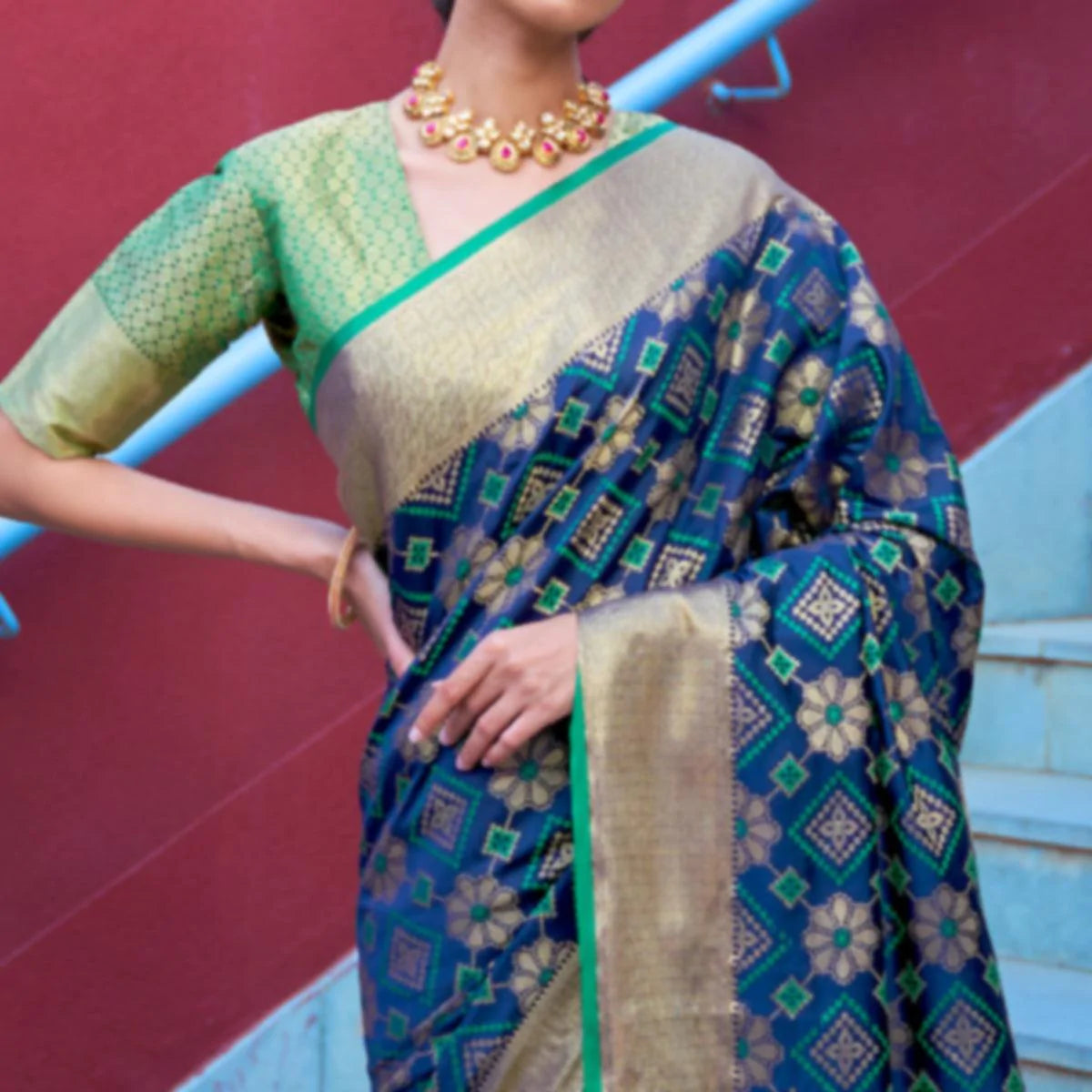 Innovative Dark Blue Colored Festive Wear Patola Woven Silk Saree