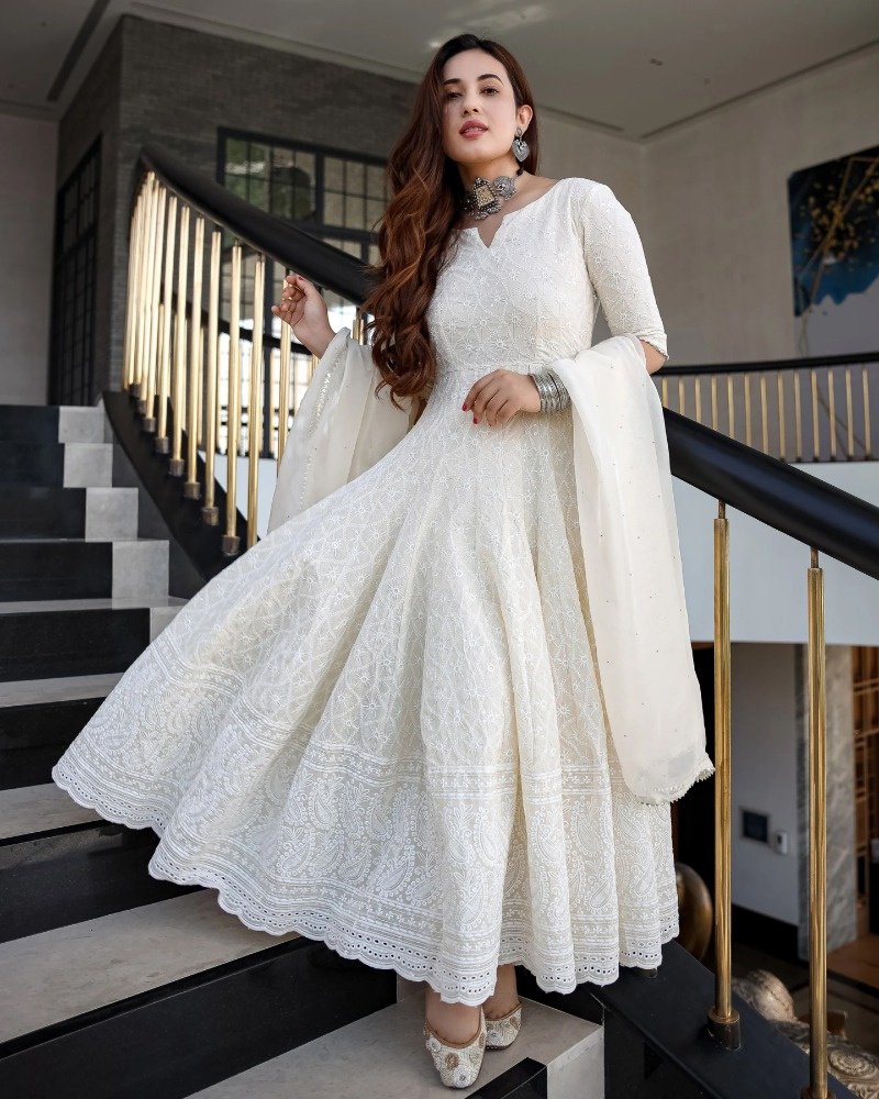 Milky White Designer Anarkali Suit In Georgette With Lucknowi Chikankari Embroidery Work
