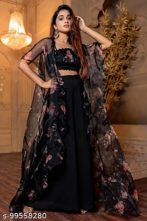 Black Georgette Plazo With Crop Top With Shrug