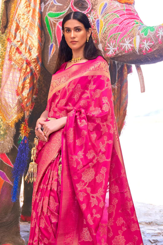Hot Pink Soft Silk Saree In Handloom Weaving With Sequins