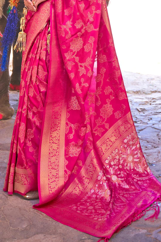 Hot Pink Soft Silk Saree In Handloom Weaving With Sequins