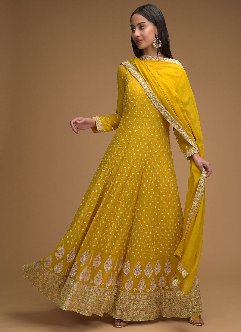Yellow Anarkali Gown In Georgette With Resham And Embroidered Buttis And Border Design