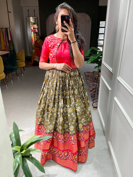 Mehndi Color Patola Paithani Printed And Foil Printed Dola Silk Gown