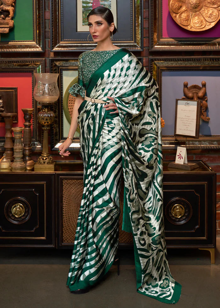 Casal White And Green Printed Satin Silk Saree