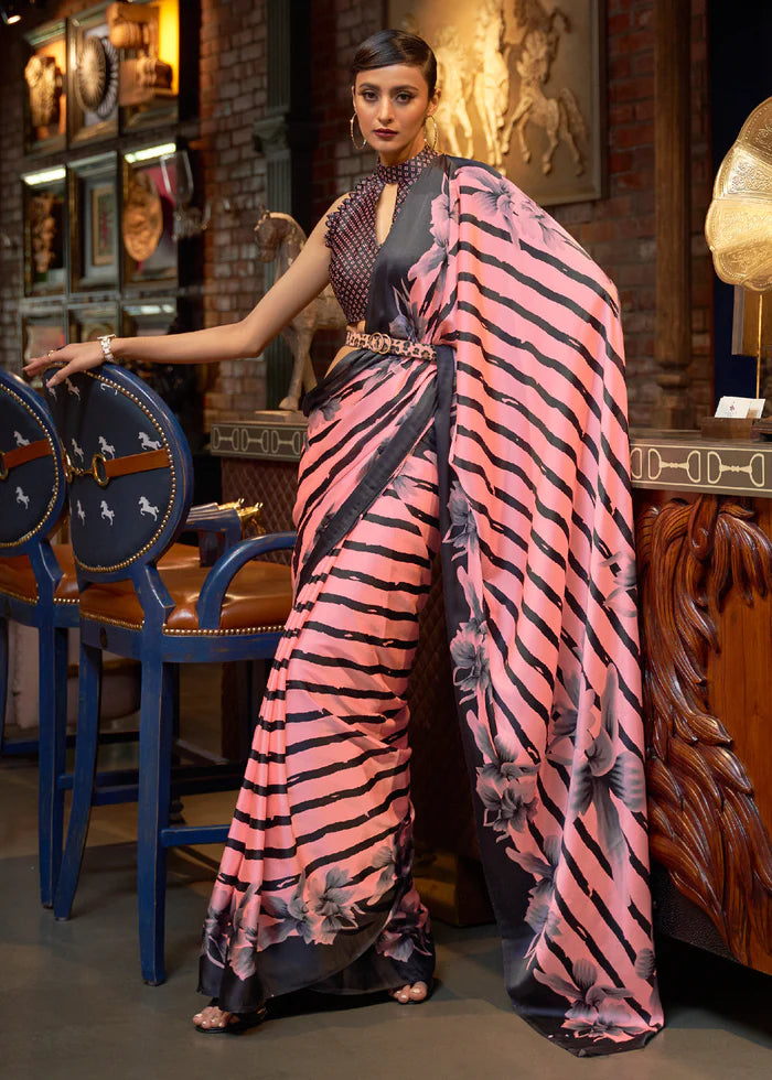 Sea Pink And Black Stripes Printed Satin Silk Saree