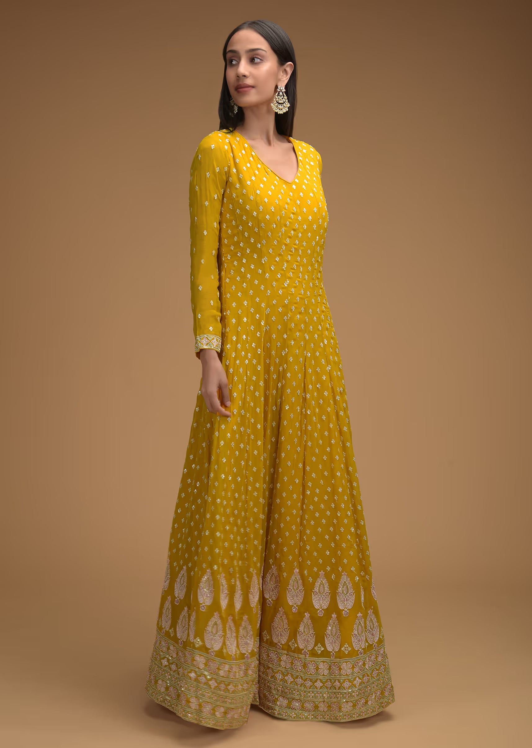 Yellow Anarkali Gown In Georgette With Resham And Embroidered Buttis And Border Design