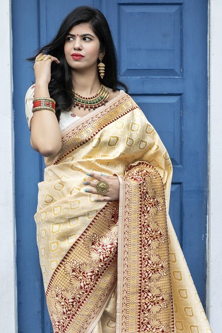 Off White Embroidered Banarasi Silk Saree - Urban Womania