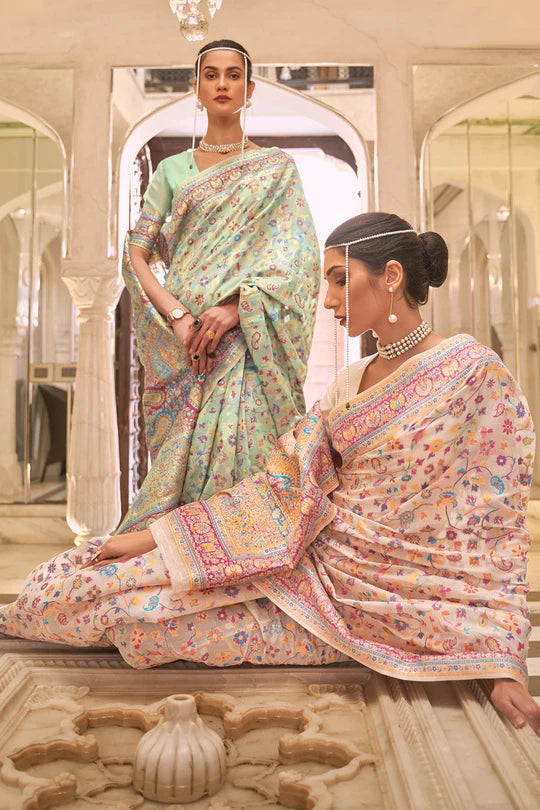 Latest Cream Colour Soft Handloom Weaving Silk Saree With Blouse