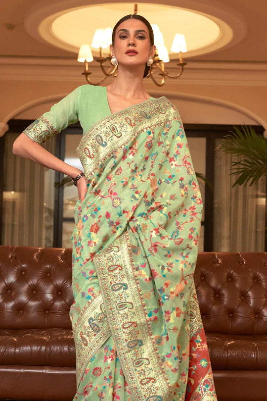 Mint Green Kashmiri Modal Handloom Weaving Saree