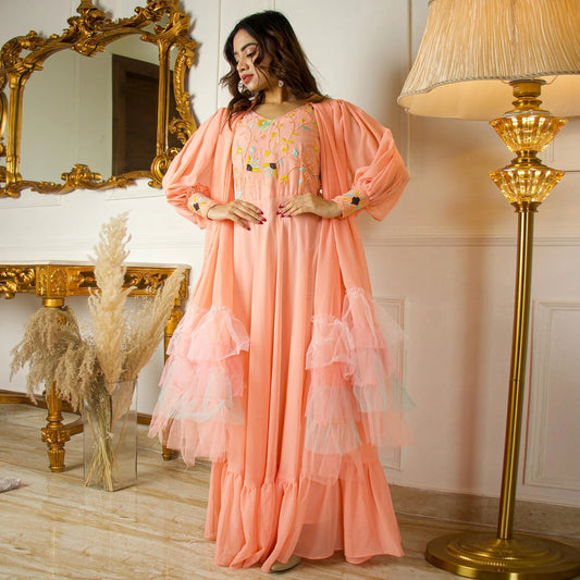 Peach Floral Embroidered With Side Open Sleeves Georgette Partywear Gown