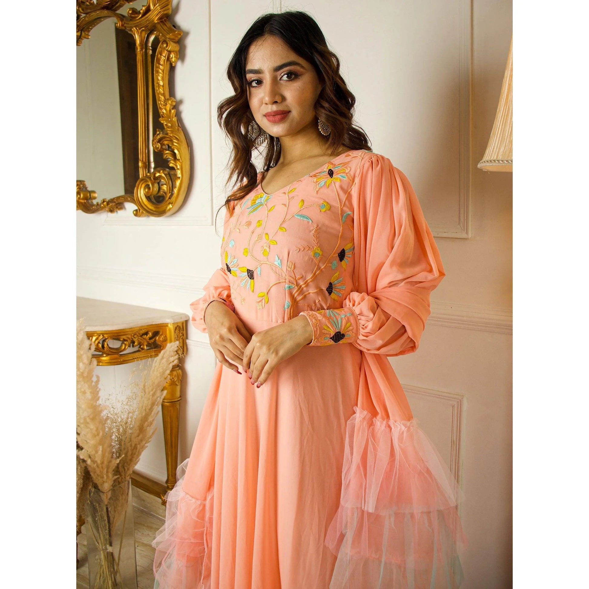 Peach Floral Embroidered With Side Open Sleeves Georgette Partywear Gown
