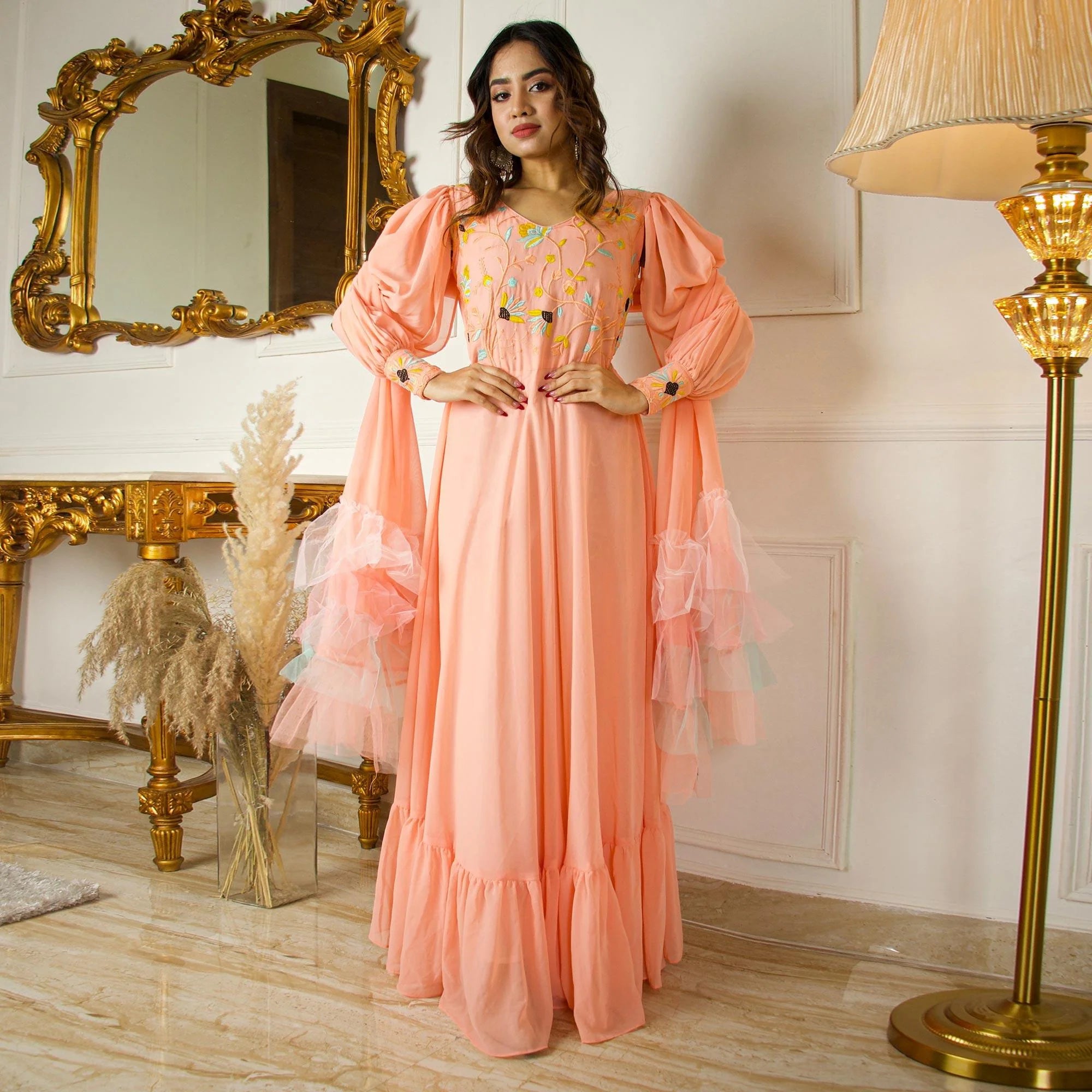 Adi By Aditya Khandelwl Cape Sleeve Embroidered Gown | Pink, Sequin,  Bodice, Boat, Ruffled Cape Sleeves | Embroidered gown, Gowns, Gowns with  sleeves