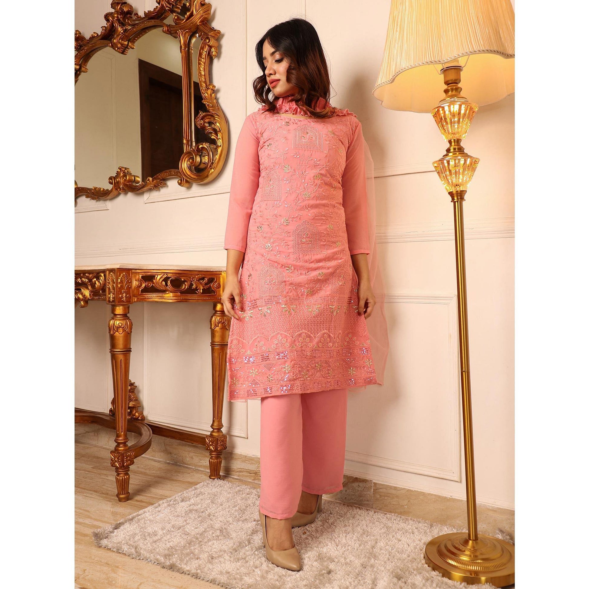 Peach Sequins Floral Embroidered Chiffon Kurti Pant Set With Dupatta