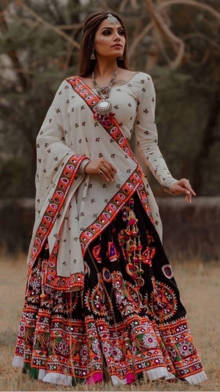 Navratri Special Heavy Beautiful Gomti Embroidery With Stylish Colourful Thread Work Lehenga Choli Real Mirror