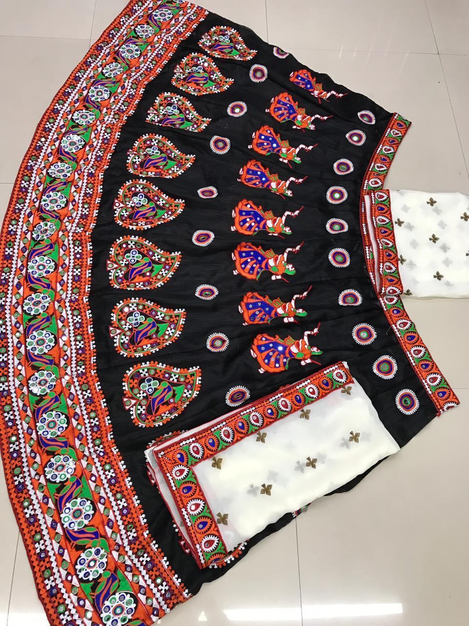 Navratri Special Heavy Beautiful Gomti Embroidery With Stylish Colourful Thread Work Lehenga Choli Real Mirror